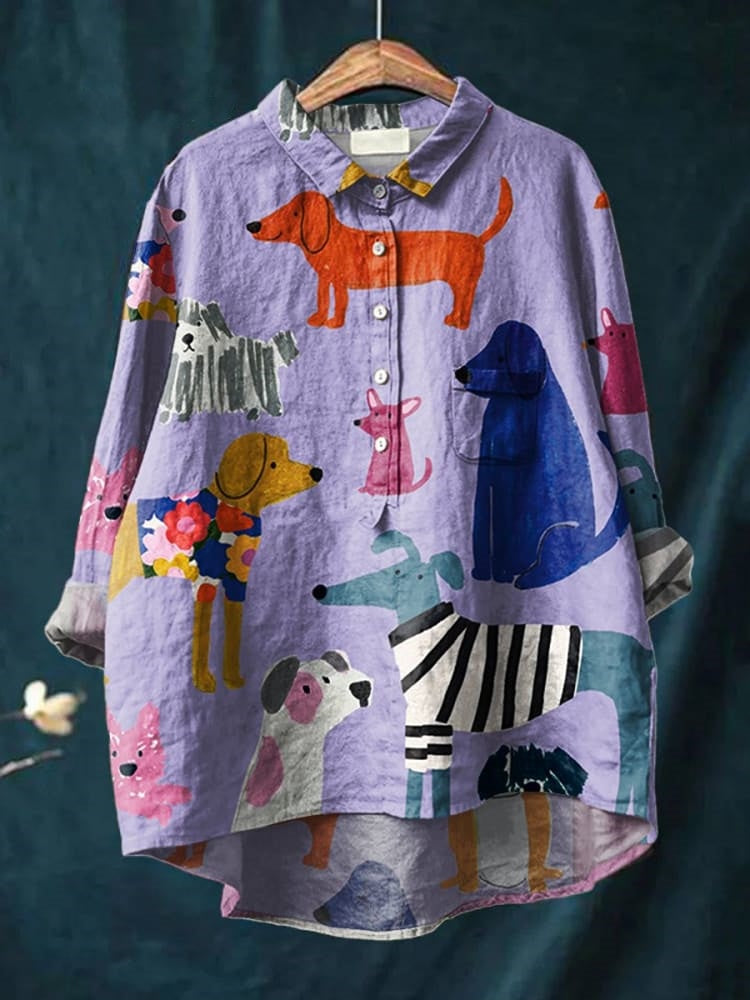 Sophia | Damen Hund Kunstdruck Casual Baumwolle und Leinen Shirt