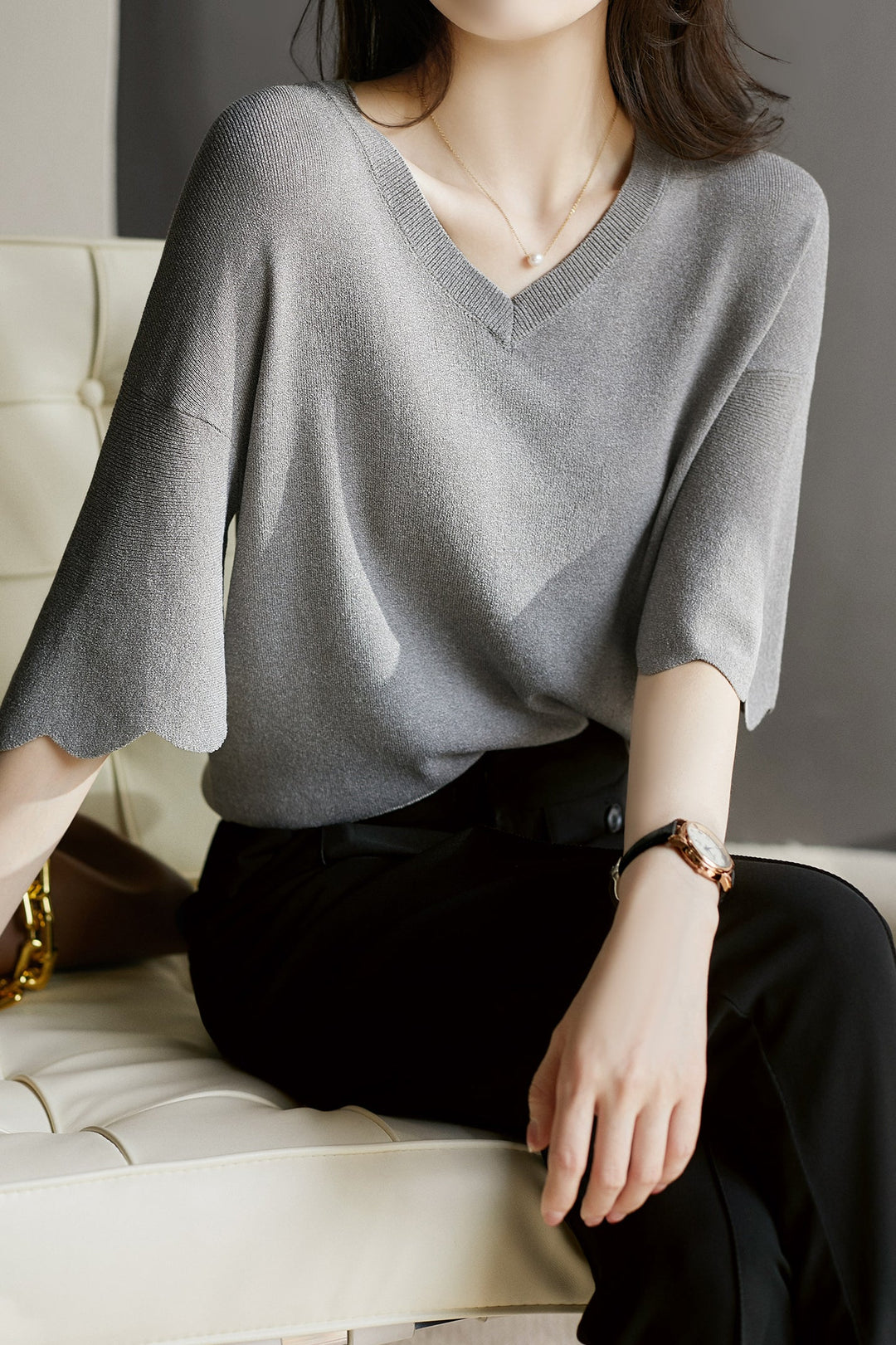 V-Ausschnitt Wave Flare Knit Top für Damen