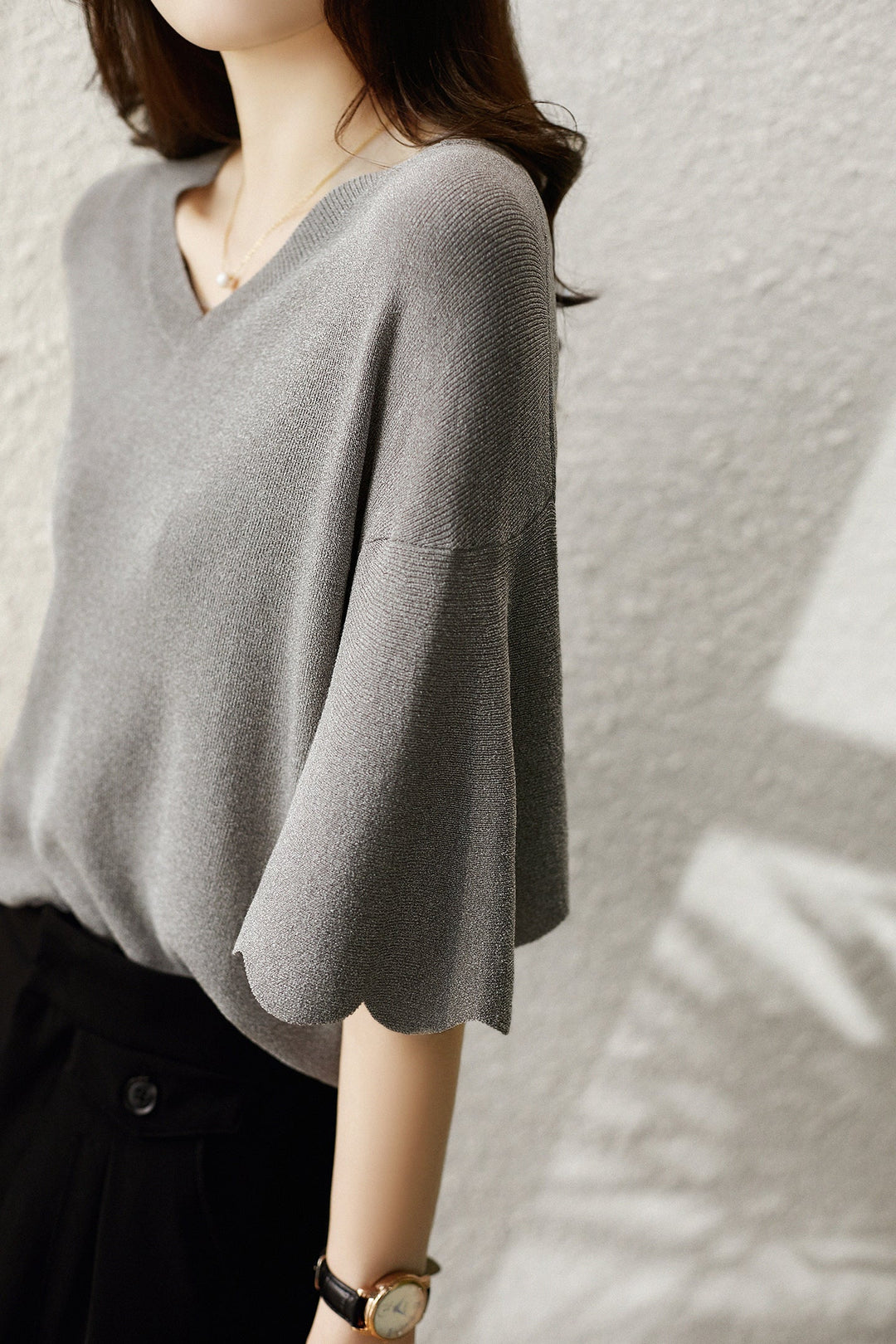 V-Ausschnitt Wave Flare Knit Top für Damen