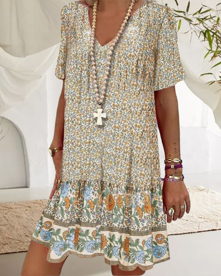 Hannah | Kurzärmeliges Kleid mit Blumendruck und V-Ausschnitt