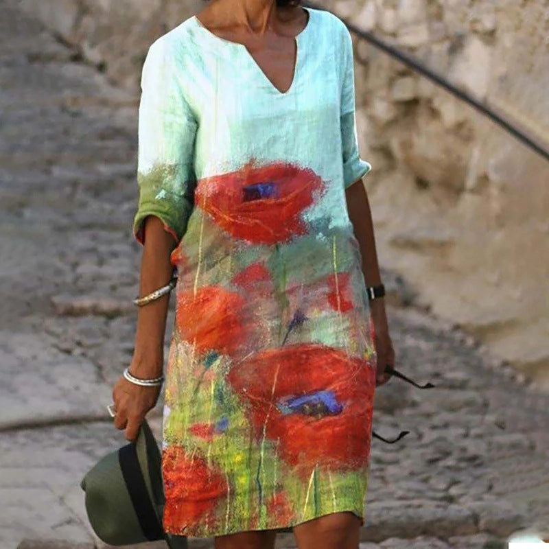 Flora | Leinenkleid mit Blumenmuster für Damen