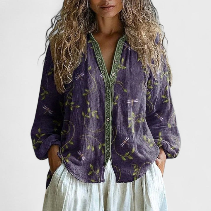 Zoe | Lässige Damenbluse Retro Blattprint Modern