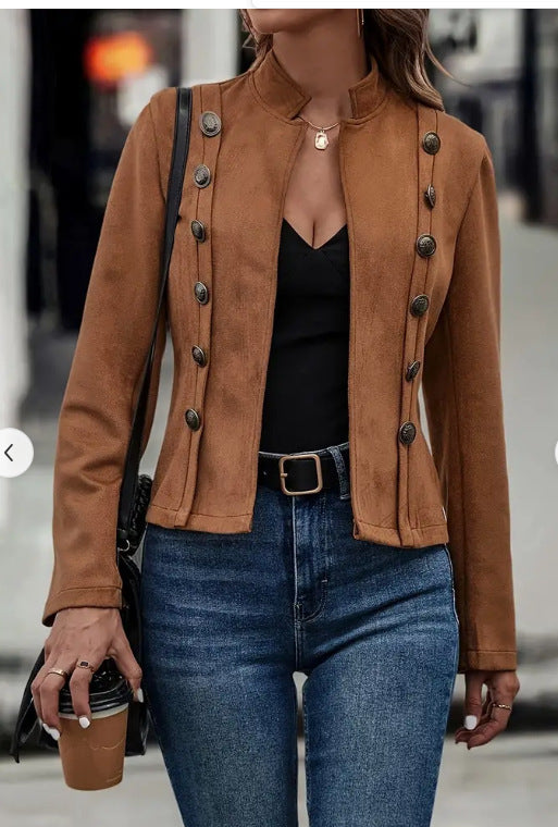 Kurze Jacke Retro Wildleder Langarm mit Zipper und Seitentaschen