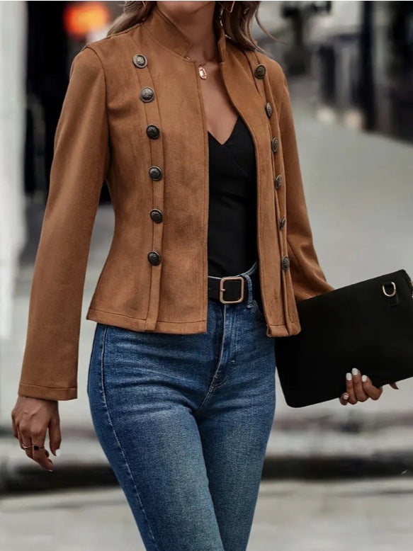 Kurze Jacke Retro Wildleder Langarm mit Zipper und Seitentaschen