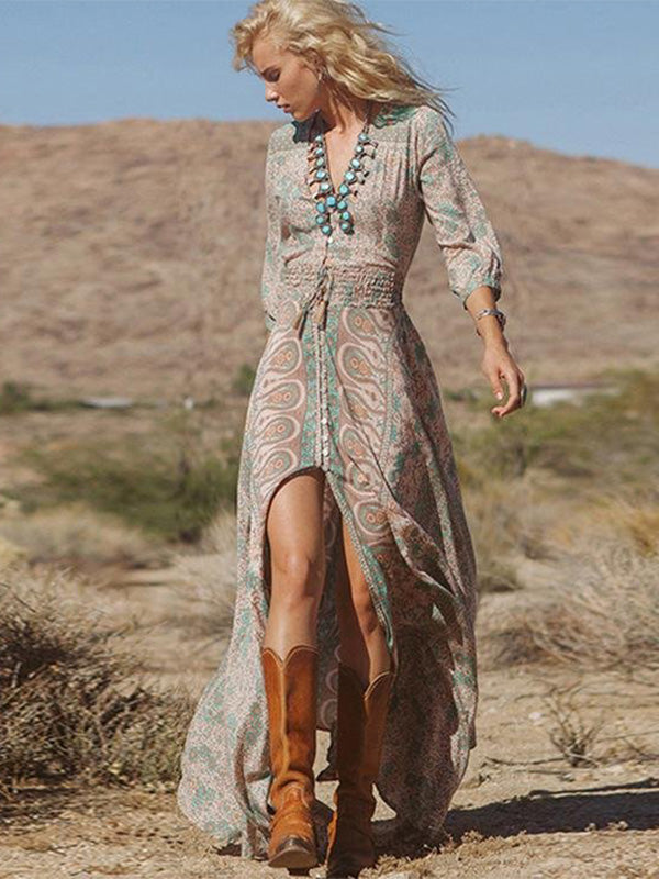 Alma | Langkleid mit Fransen & Chiffon-Print