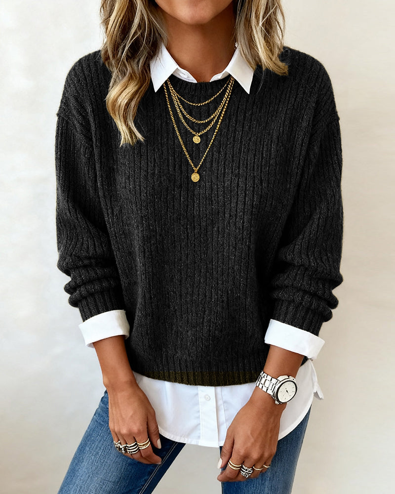 Sophie | Damen Pullover mit Kragen & Patchwork-Design
