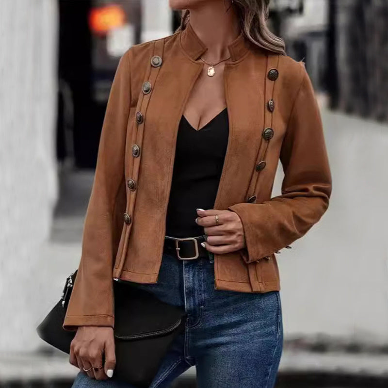 Kurze Jacke Retro Wildleder Langarm mit Zipper und Seitentaschen