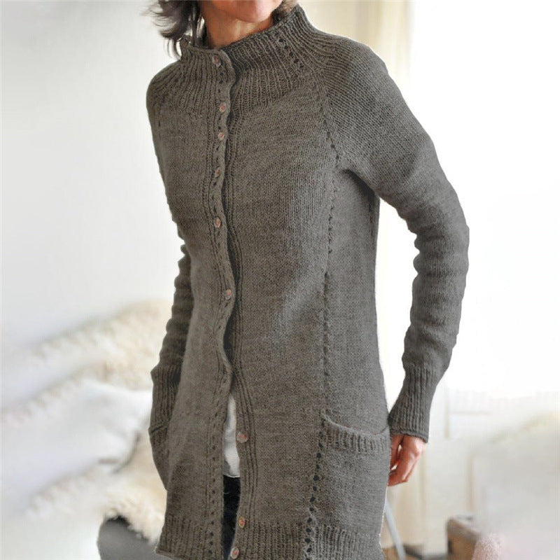 Kugja | Lange Damenstrickjacke mit Knöpfen & Kragen