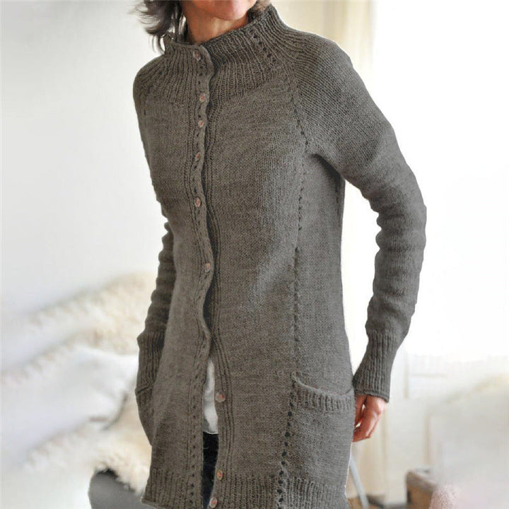 Kugja | Lange Damenstrickjacke mit Knöpfen & Kragen