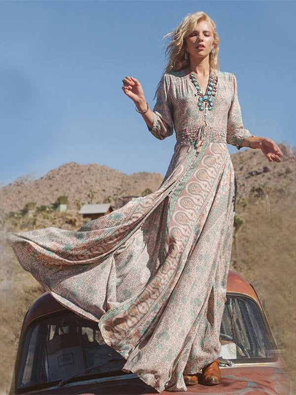 Alma | Langkleid mit Fransen & Chiffon-Print