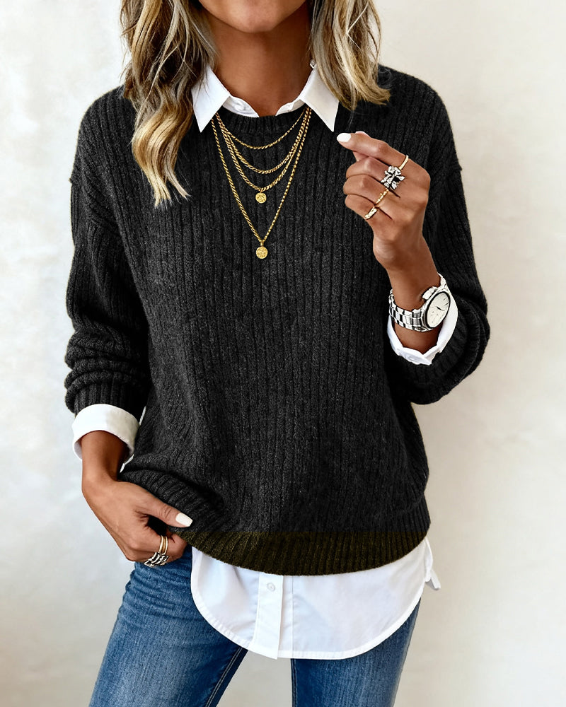 Sophie | Damen Pullover mit Kragen & Patchwork-Design