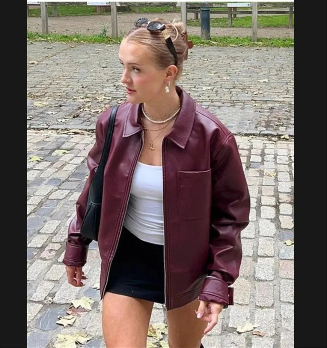Sophia | Luxuriöse rote Lederjacke für den Herbsttrend
