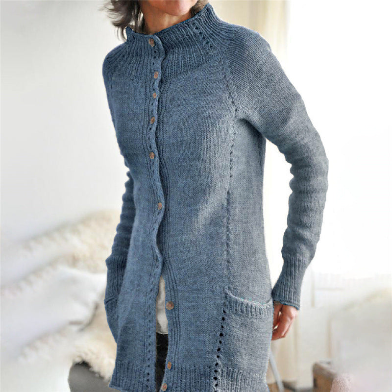 Kugja | Lange Damenstrickjacke mit Knöpfen & Kragen
