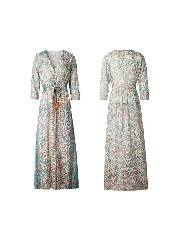 Alma | Langkleid mit Fransen & Chiffon-Print