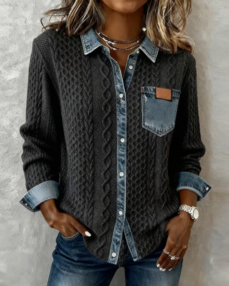Lena | Chic gestricktes Shirt Damen mit Denim-Details