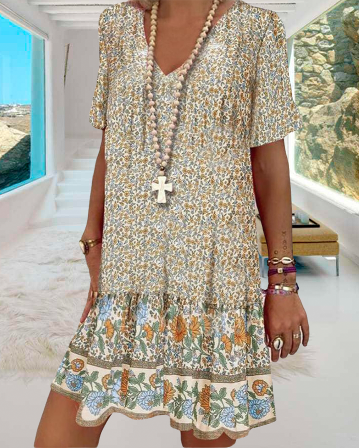 Hannah | Kurzärmeliges Kleid mit Blumendruck und V-Ausschnitt