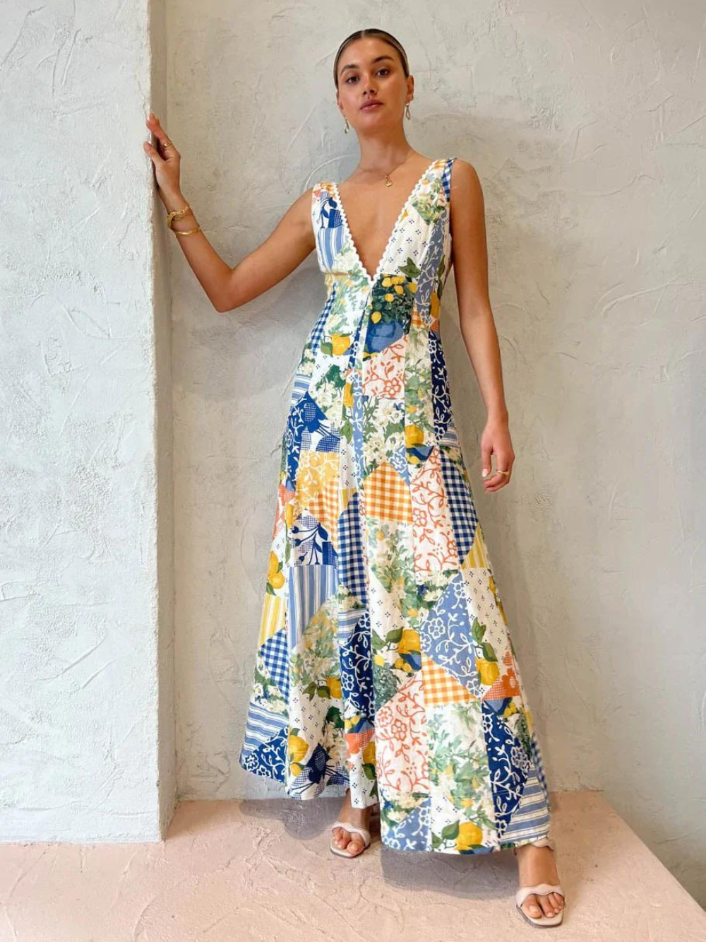 PIERRE | Maxikleid mit Druck und V-Ausschnitt