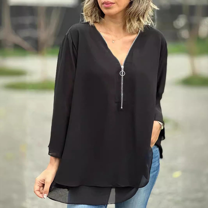 Chiffon | Leichtes Oberteil mit V-Ausschnitt und Reißverschluss-Detail