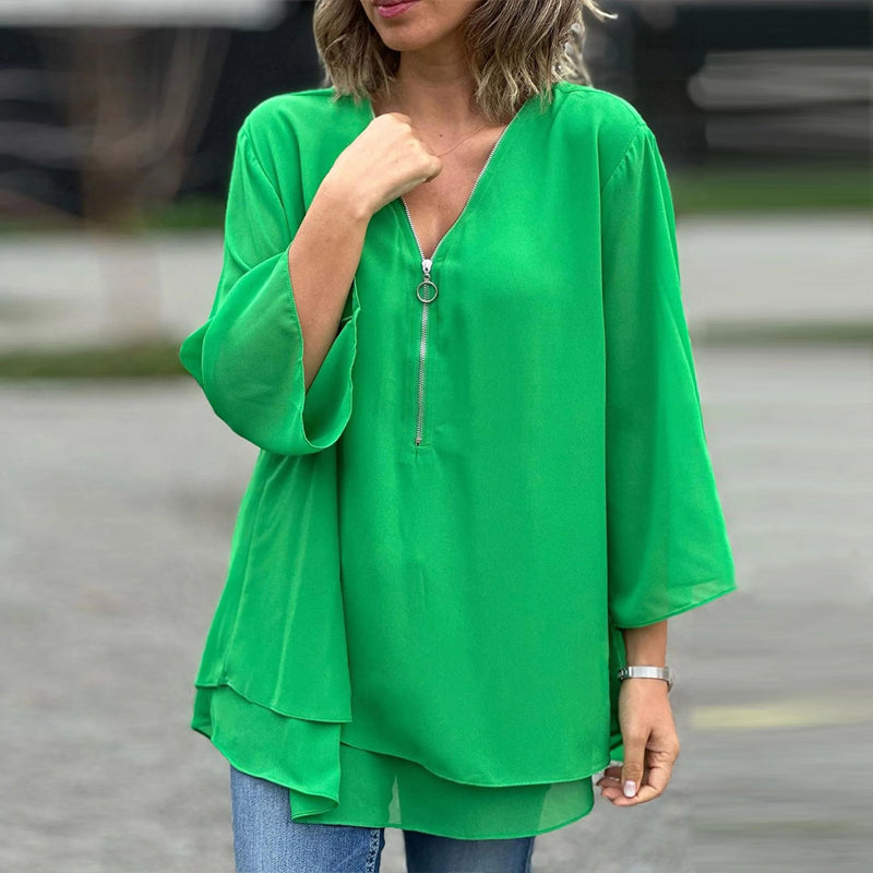 Chiffon | Leichtes Oberteil mit V-Ausschnitt und Reißverschluss-Detail