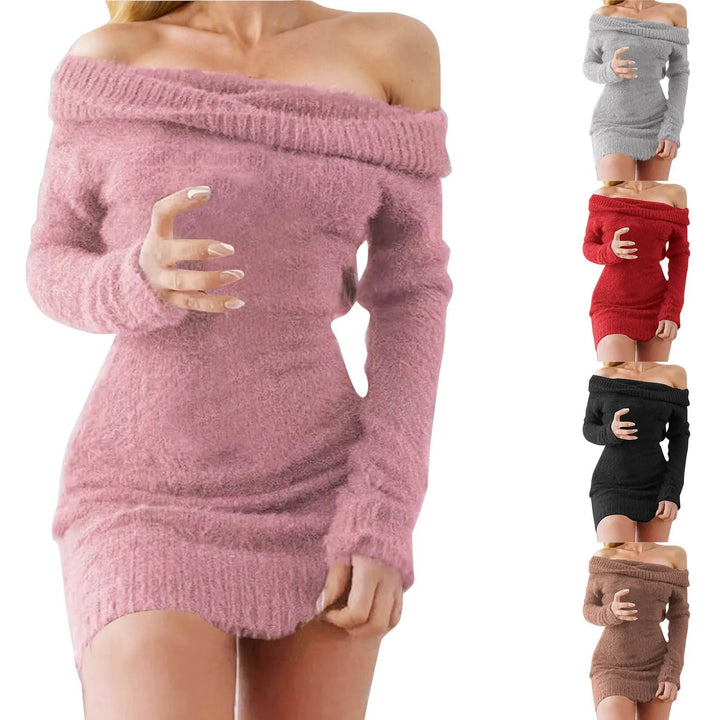 Flauschiges Off-Shoulder Strickkleid für Damen