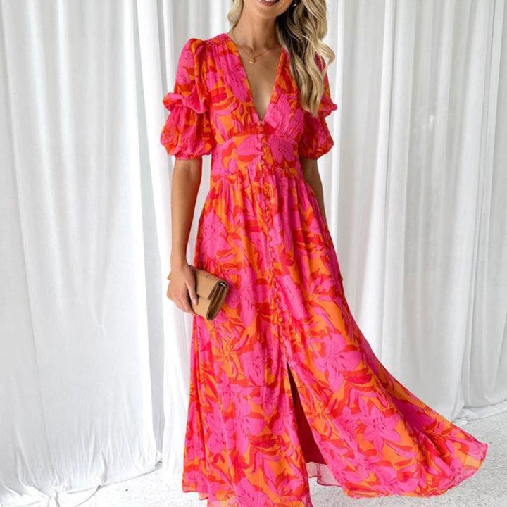 DARINA | Élégante robe maxi fluide rouge et rose