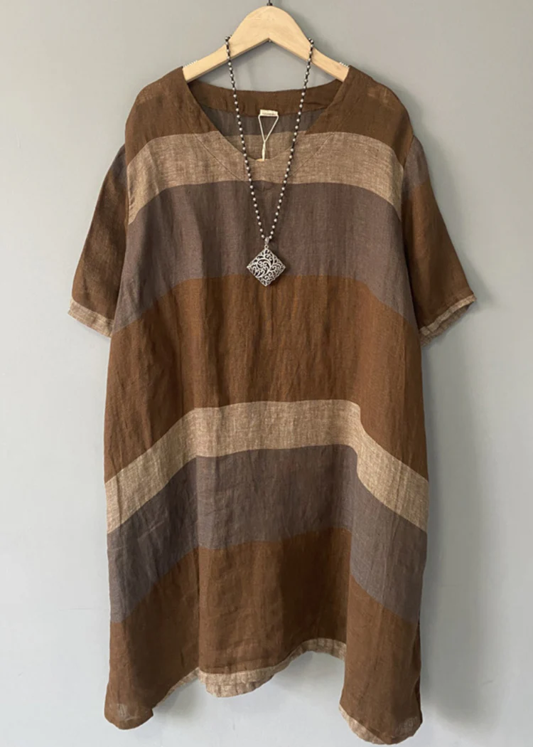 Leinen Midikleid mit V-Ausschnitt und kurzen Ärmeln