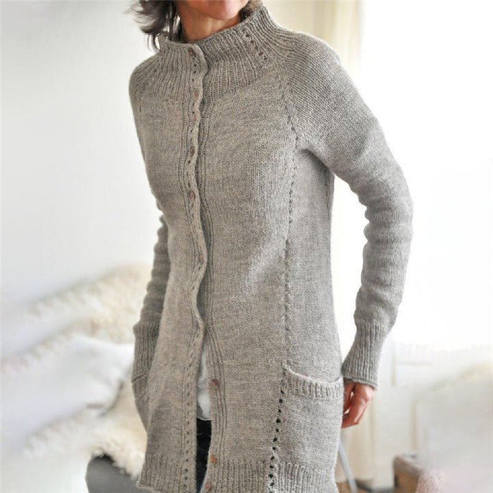 Kugja | Lange Damenstrickjacke mit Knöpfen & Kragen