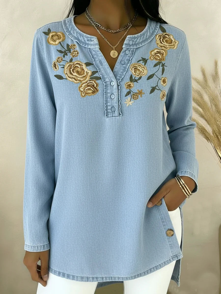 Nadja | Zeitloses Denim-Hemd mit Blumenmuster Damen