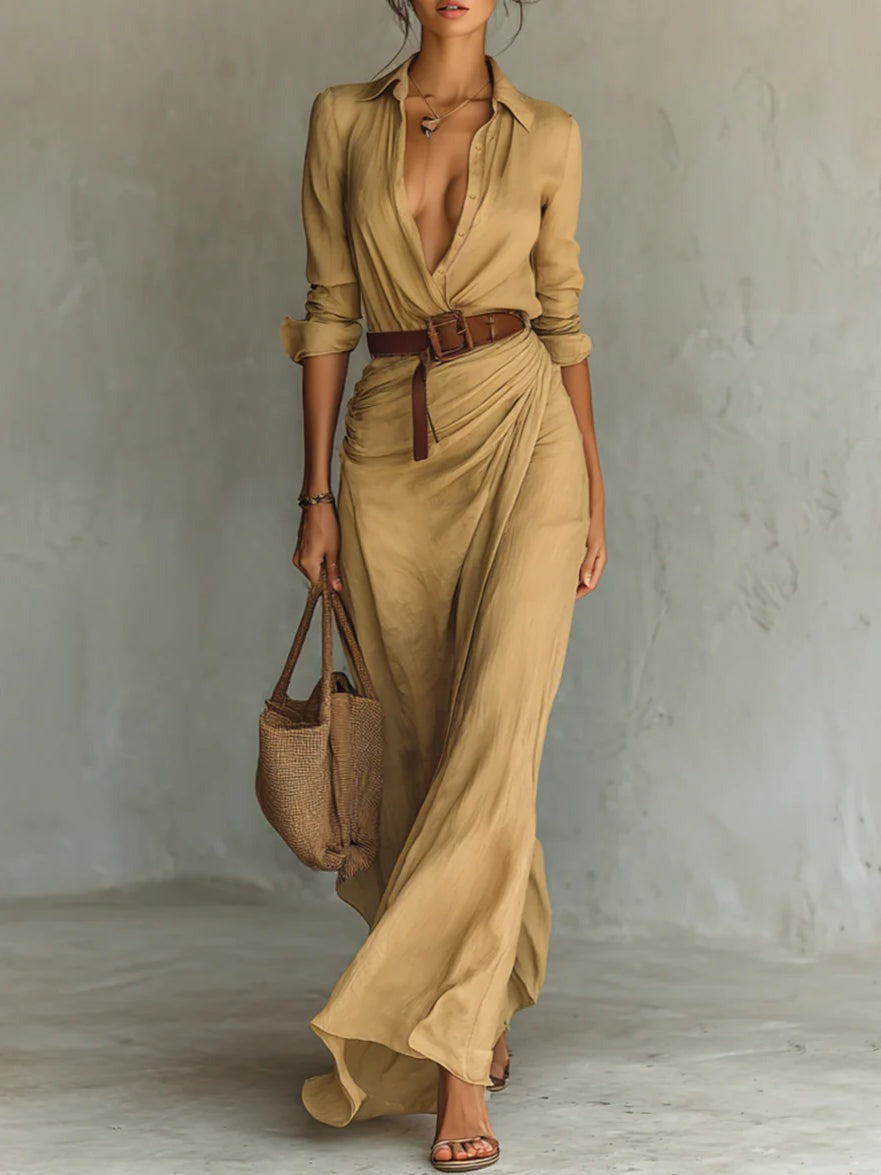 Lea | Stilvolles langärmliges Maxikleid mit Revers