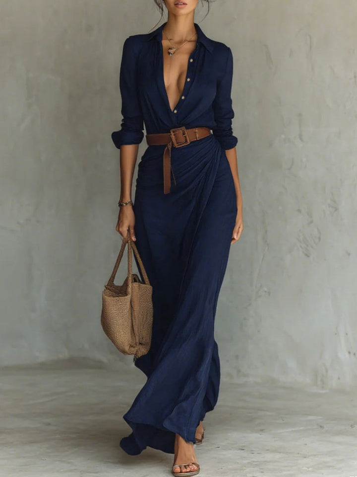 Lea | Stilvolles langärmliges Maxikleid mit Revers