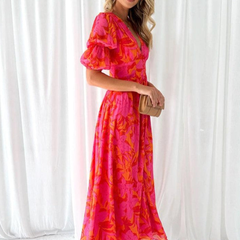 DARINA | Élégante robe maxi fluide rouge et rose