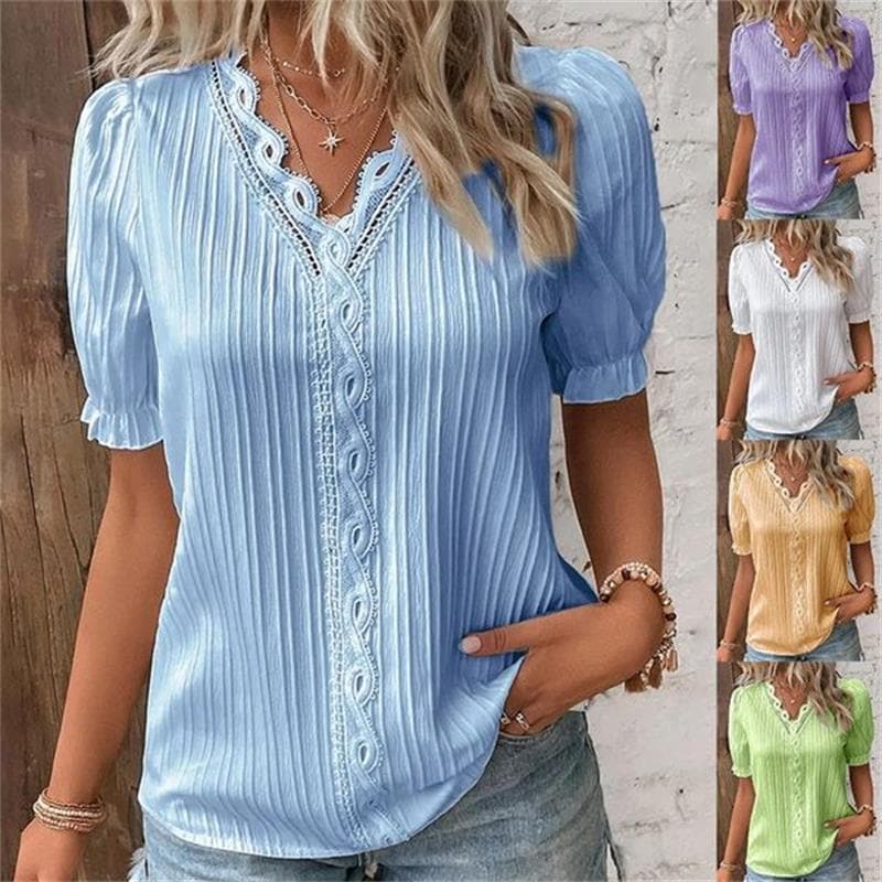 Elegantes monochromes Shirt mit V-Ausschnitt und Spitze