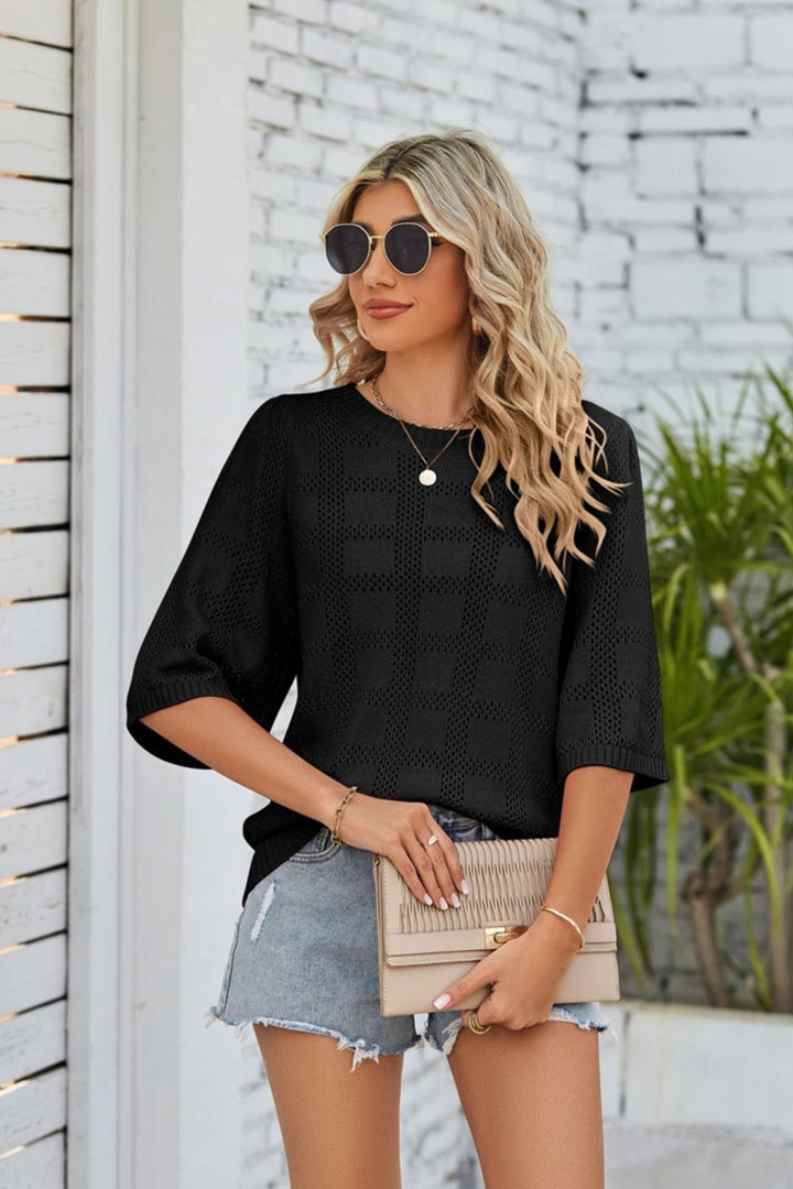 Geripptes Rundhals-Stricktop mit Stretch