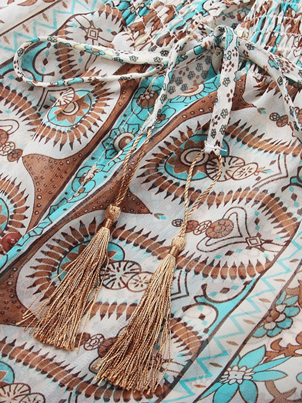 Alma | Langkleid mit Fransen & Chiffon-Print