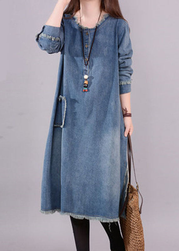 Art Blue O-Neck Pockets Button Denim Fall Langarm Kleid
