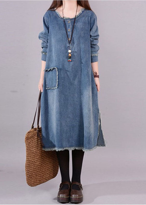 Art Blue O-Neck Pockets Button Denim Fall Langarm Kleid