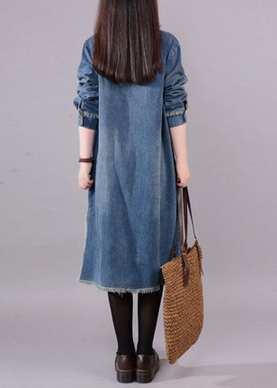 Art Blue O-Neck Pockets Button Denim Fall Langarm Kleid