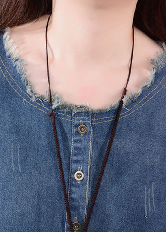 Art Blue O-Neck Pockets Button Denim Fall Langarm Kleid