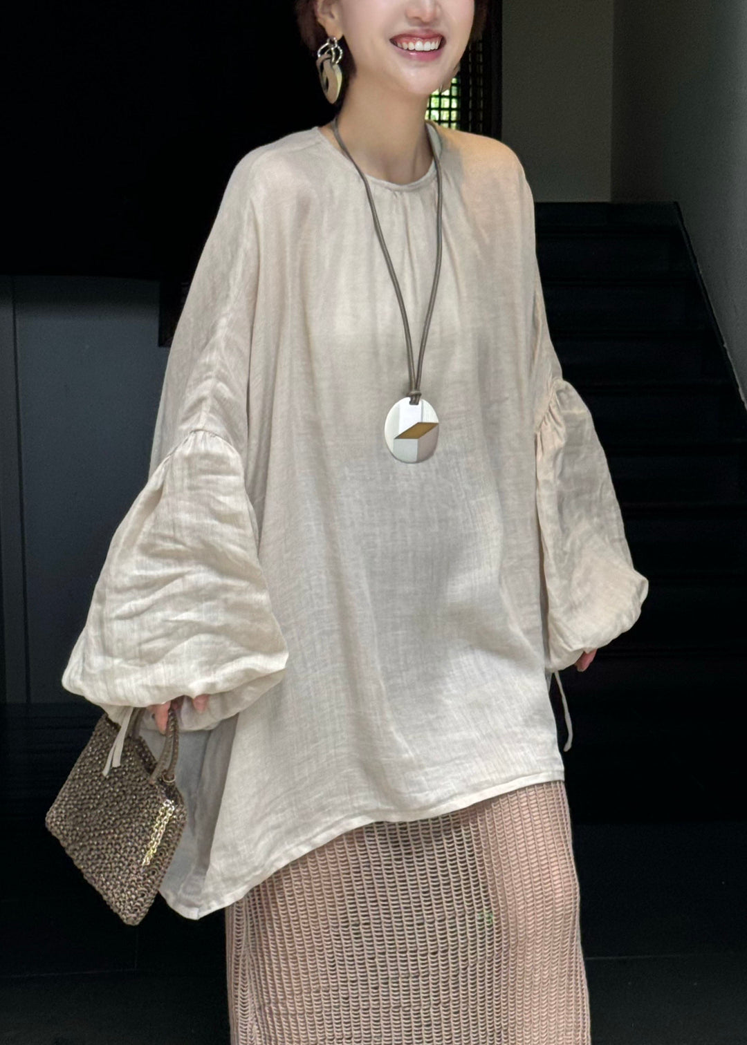 Boutique | Leinenoberteil mit Laternenärmeln in Grau