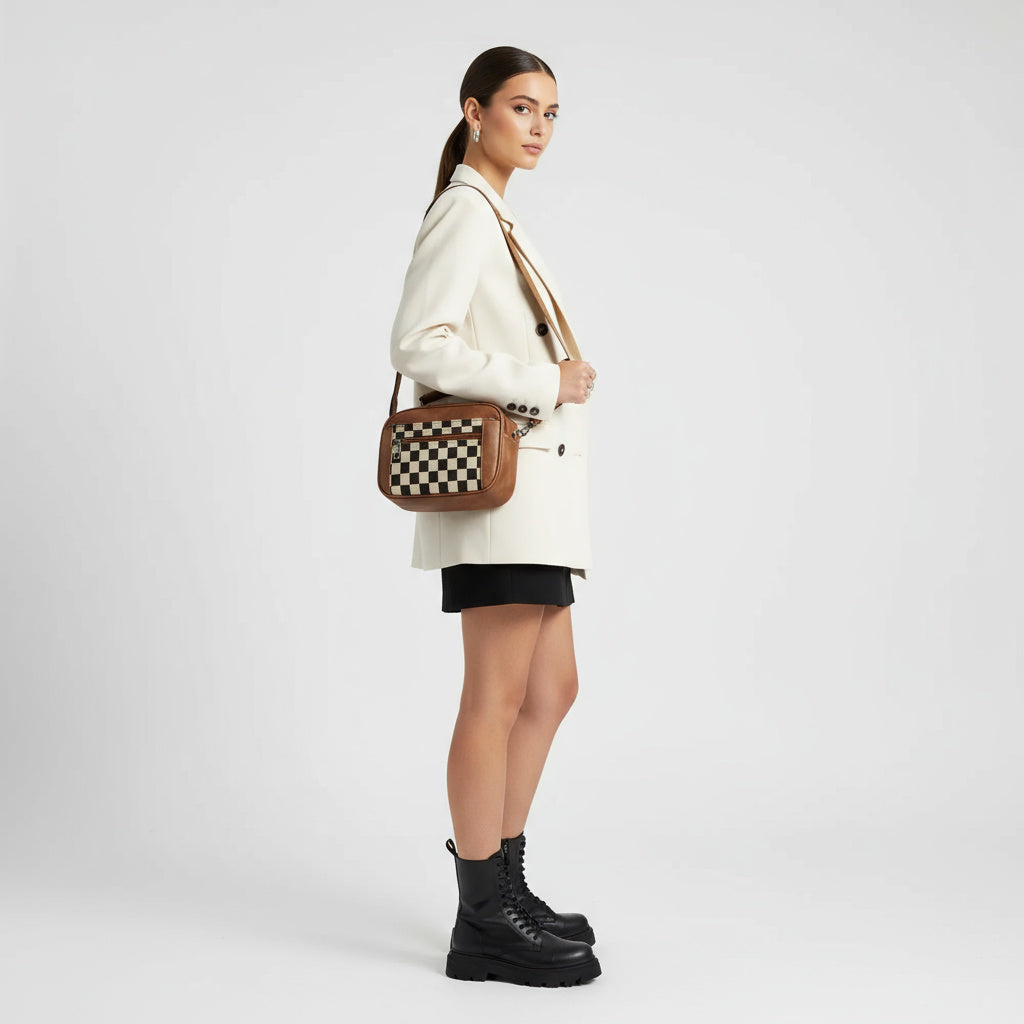 Nina | Stylishe Damen Schultertasche mit Schachbrettmuster