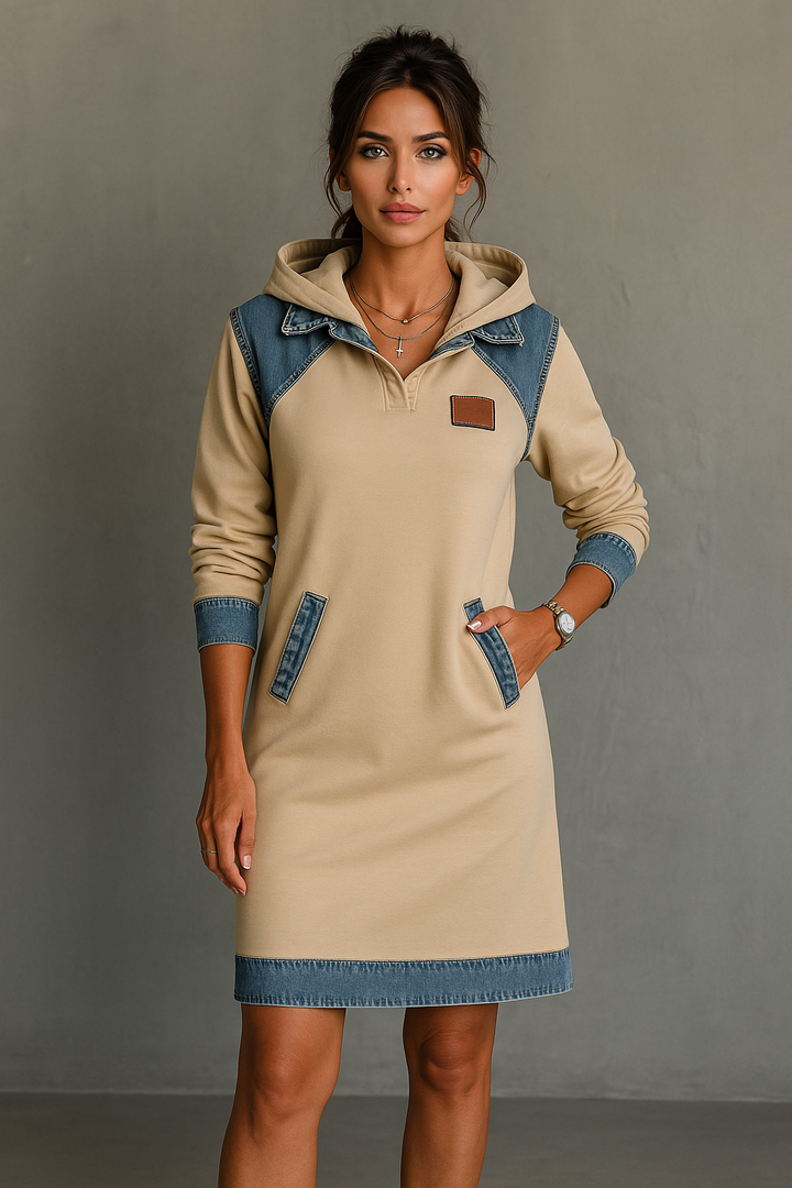 Hanna | Kapuzenkleid mit stylischen Denim Akzenten