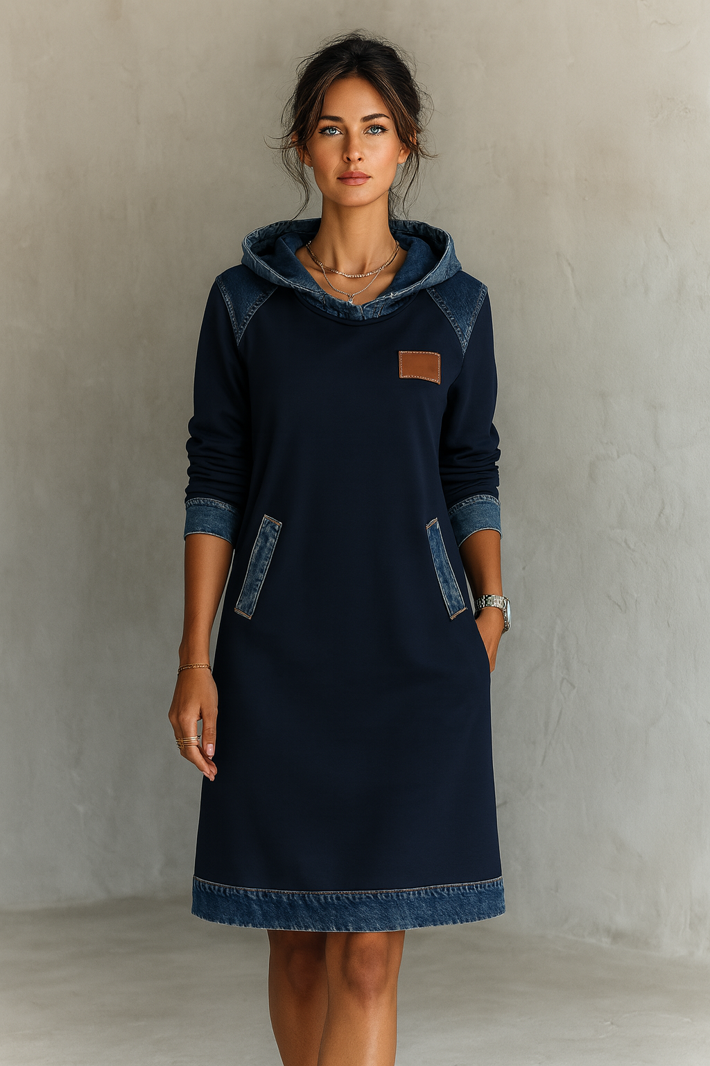 Hanna | Kapuzenkleid mit stylischen Denim Akzenten