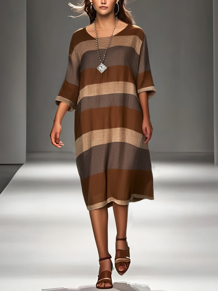 Leinen Midikleid mit V-Ausschnitt und kurzen Ärmeln
