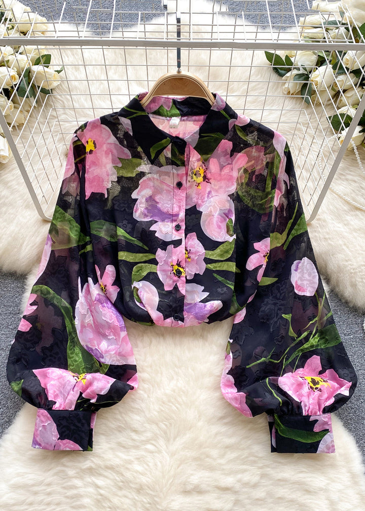French Green | Chiffon-Hemd mit Blumenknöpfen