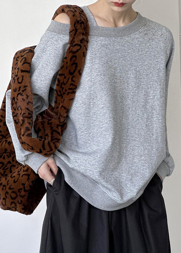 Graues Top | Asymmetrisch langärmlig aus Baumwolle