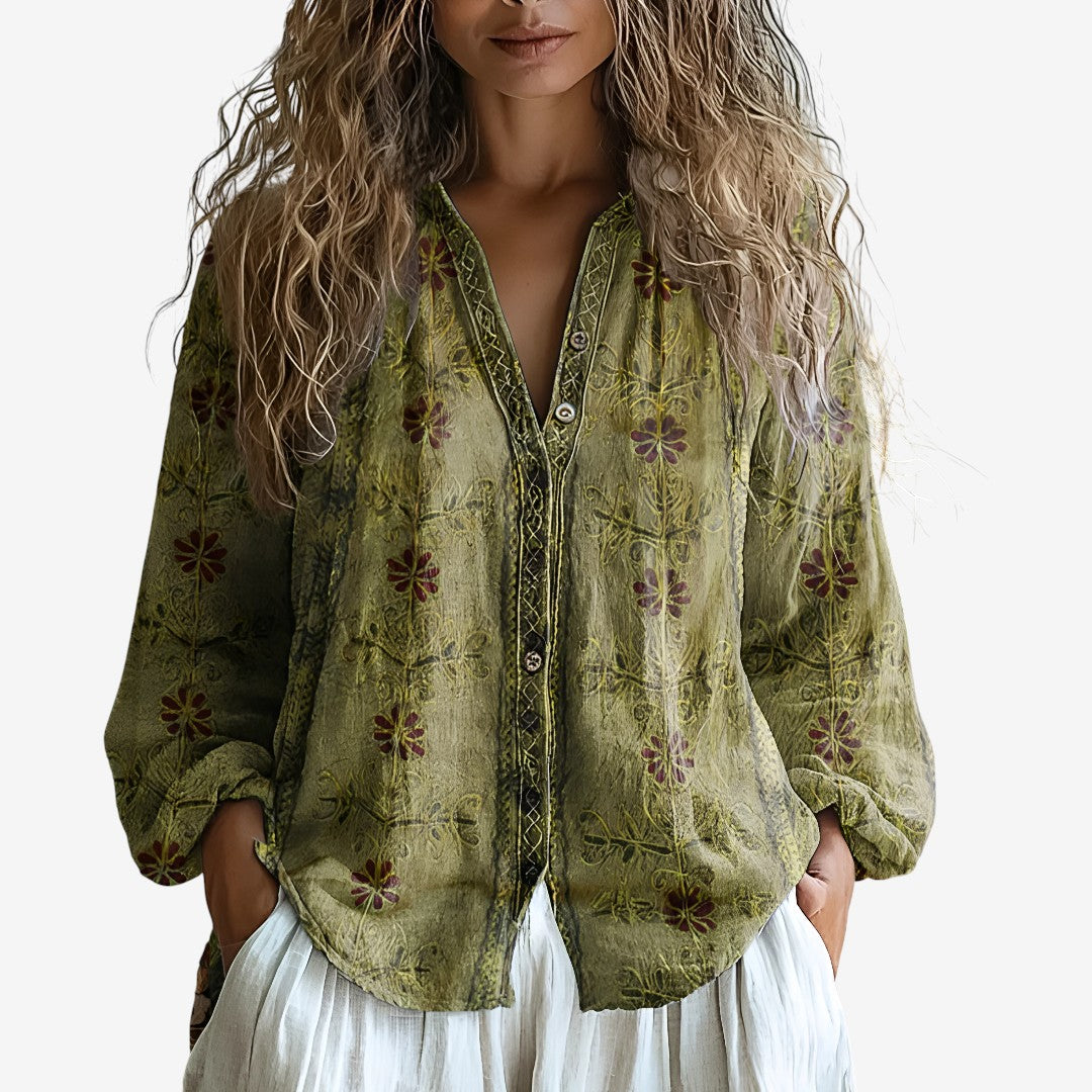 Elina | Stilvolle Damenbluse mit Naturmotiv Blättern