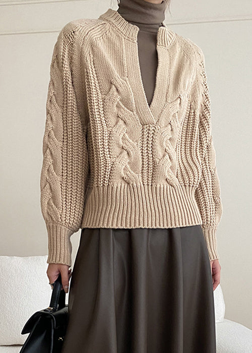 Kuscheliger Strickpullover mit V-Ausschnitt, Khaki