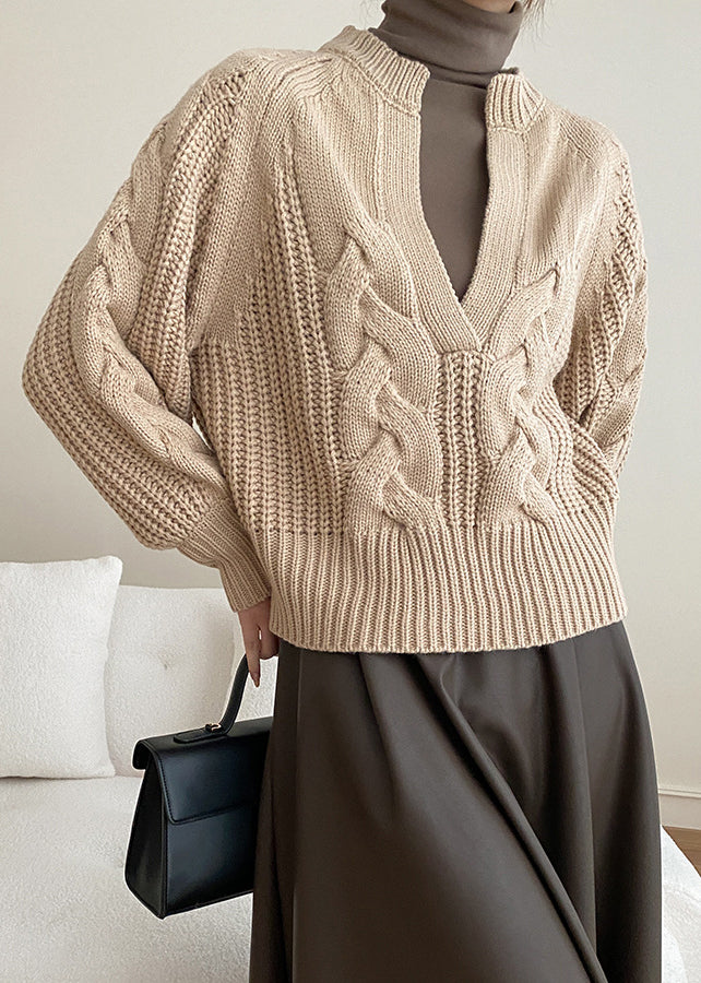 Kuscheliger Strickpullover mit V-Ausschnitt, Khaki
