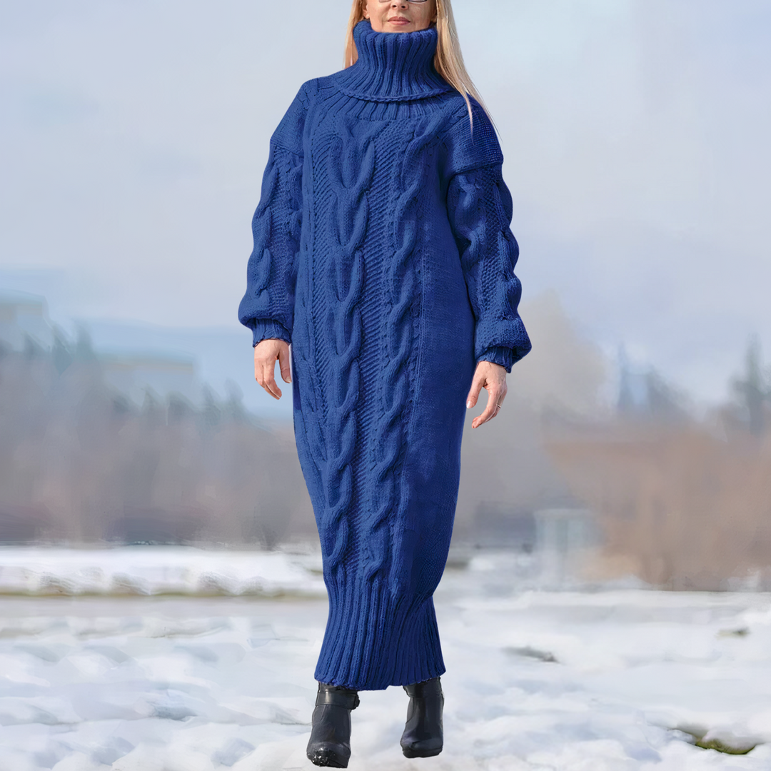 Clara | Damen Strick-Maxikleid lang mit stilvollem Zopfmuster