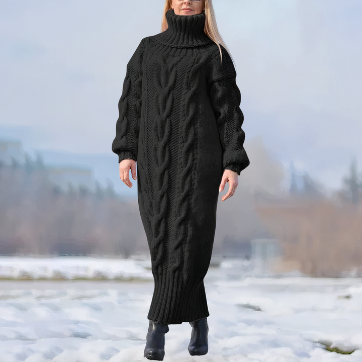 Clara | Damen Strick-Maxikleid lang mit stilvollem Zopfmuster